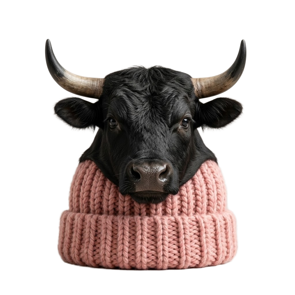 A black bull wearing a pink knit beanie