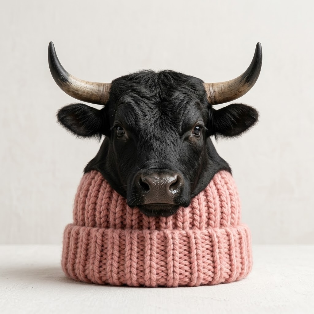Portrait of the bull in his beanie
